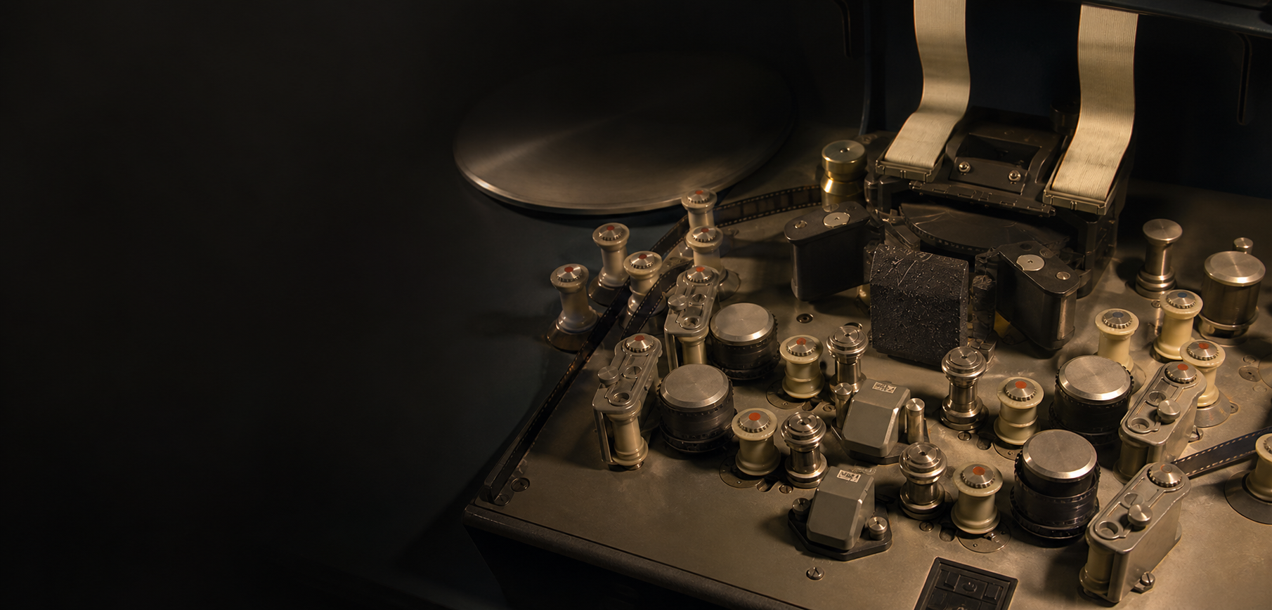Close-up of a traditional flatbed film editing machine