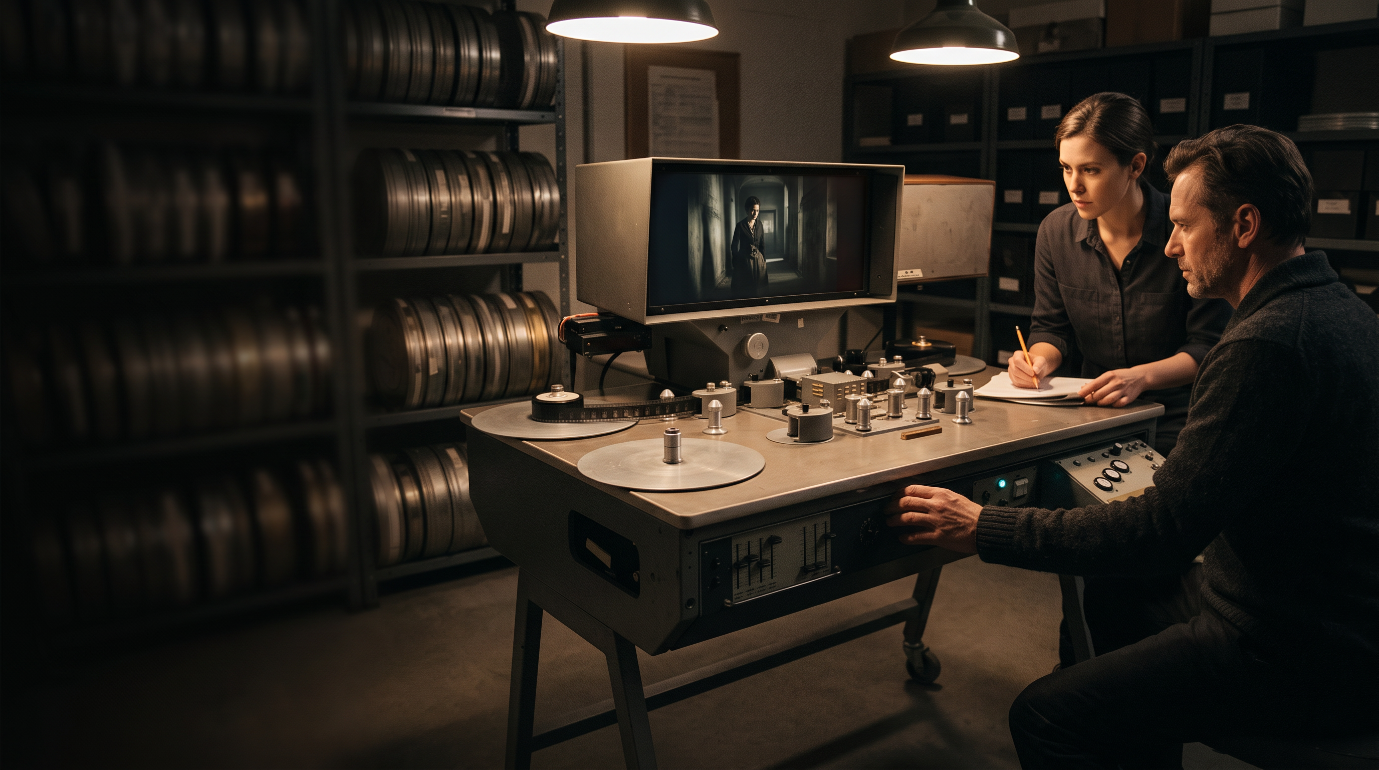 A modern camera monitor in the foreground with a traditional flatbed film editor behind it